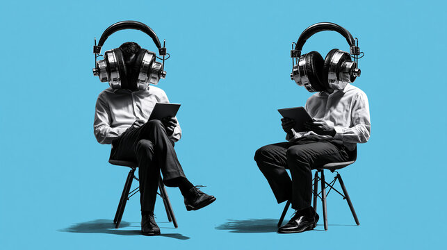 Businessmen with Giant Headphones Using Tablets on Blue Background