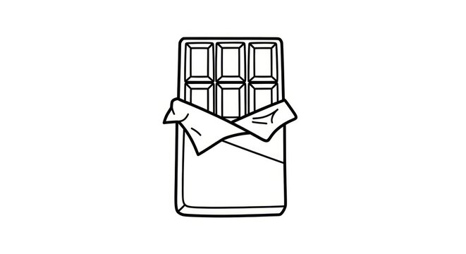 Hand-drawn illustration of a chocolate bar with wrapper peeled back, isolated on white background. Simple line art.