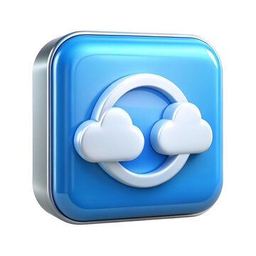 Glossy blue square icon featuring a white cloud sync symbol isolated on transparent background