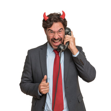 Angry businessman wearing red devil horns and talking on an old telephone showing thumbs isolated on transparent or white background, png