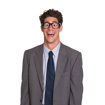 Funny businessman wearing goofy googly eyes glasses smiling broadly isolated on transparent or white background, png