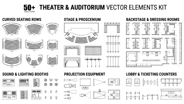 50+ Theater & Auditorium Vector Elements Kit, detailed architectural blueprints for stage design and venue layouts, comprehensive entertainment industry graphics