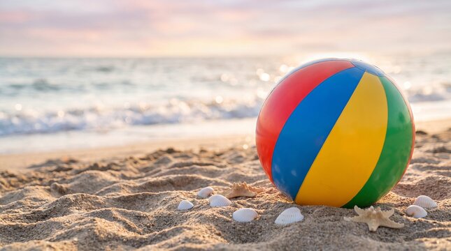 Seascape abstract beach scene with a single beach ball, calm ocean and sky