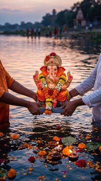Hands of two men holding Lord Ganesha idol for immersion in water during Ganesh Chaturthi. Religious Hindu festival ritual. Spiritual tradition, worship and cultural celebration.