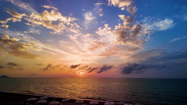 Golden sunset over the sea horizon on an empty sandy beach with umbrellas