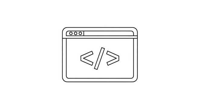 Simple line art illustration of a computer browser window displaying code symbols, representing programming and web development.