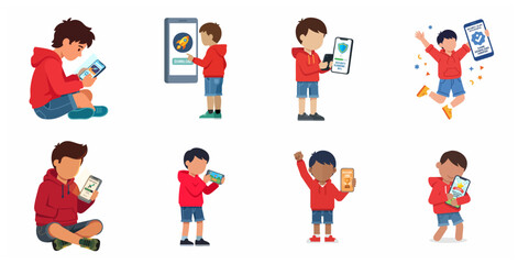 Fototapeta premium Set of cartoon boy characters using smartphones for gaming, app downloads, and security scans on a white background