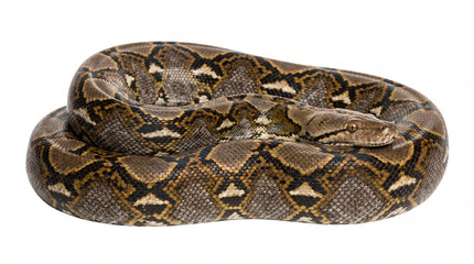 Fototapeta premium Large Python Snake Curled Up in Studio Against White Background