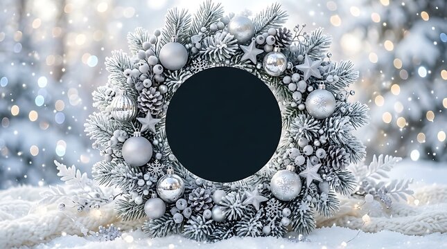 Festive christmas wreath with silver decorations and ornaments on a snowy winter background with a circular copy space