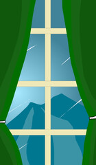 Fototapeta premium Hand Drawn Illustration of Mountain View from Raindrop Window with Curtains Open, Cozy Indoor Scene with Green Curtains Frame on Mountain and Rain View