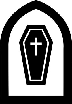Religious coffin with cross symbol inside gothic arch isolated on transparent background