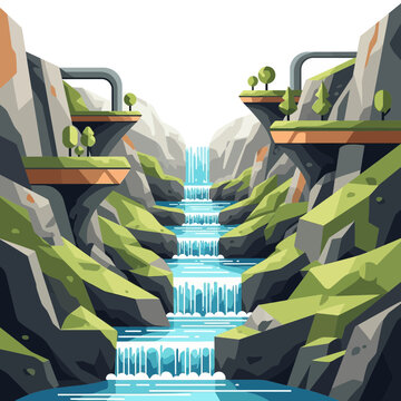 Stylized Waterfall Canyon with Greenery and Platforms