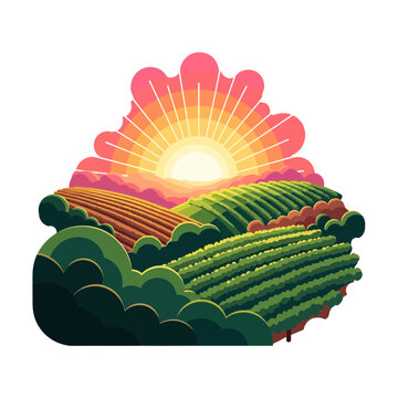 Stylized Sunrise Over Rolling Agricultural Fields, Warm Colors, Organic Farming