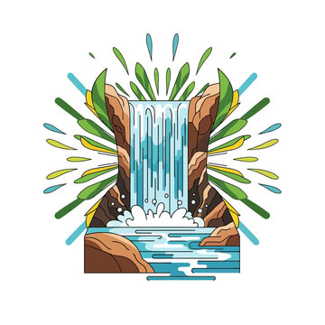 Stylized Waterfall Graphic with Water Splashes and Greenery