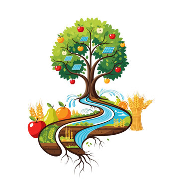 Sustainable Agriculture Tree with Solar Panels and River - Isolated