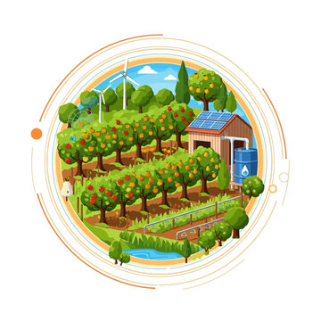 Sustainable farming with renewable energy, orchard, solar panels, wind turbine