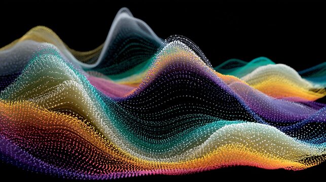 Colorful abstract wave pattern constructed from thousands of tiny glowing dots creating a fluid mountain landscape in deep black space