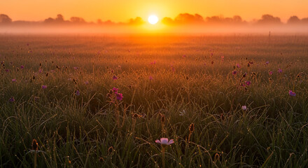 Naklejka premium Golden sunrise illuminating dew covered wildflower meadow during a peaceful early morning