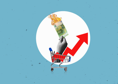 Shopping cart with rising arrow graphic. Symbolize rising consumer prices. Commerce trend chart.
