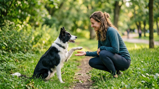 Woman training Border Collie, happy dog in park. Kneeling woman interacts with pet, obedient dog in park, lush green park background frames outdoor scene.