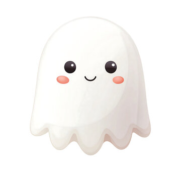 Cute cartoon ghost with blushing cheeks and a friendly smile isolated on transparent background