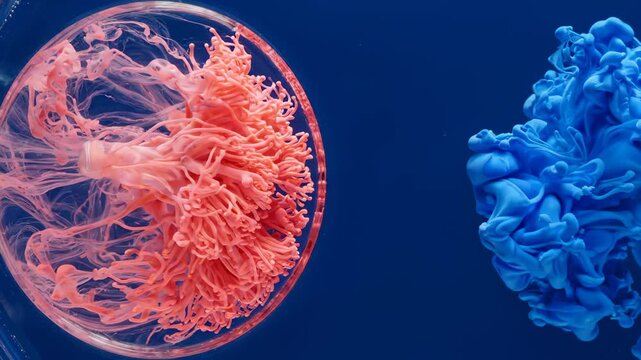Abstract Pink and Blue Ink Clouds Swirling in Water Against Dark Blue Background