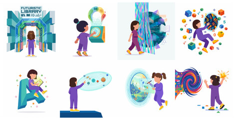 Fototapeta premium Little girl exploring futuristic education concepts through digital library portals, holographic solar systems, and interactive math learning vector illustrations.