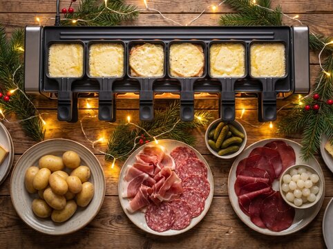 High angle view of Christmas raclette feast table with melted cheese and charcuterie