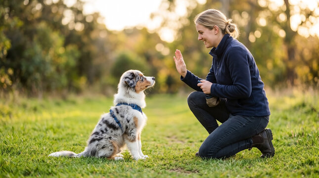 Woman teaches young puppy obedience training with open hand gesture outdoors. Happy owner practices positive reinforcement obedience training with adorable fluffy Australian Shepherd puppy in park.