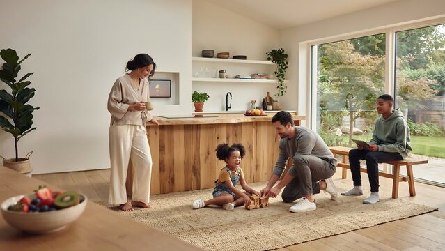 Multigenerational family playing in modern open plan kitchen and living room