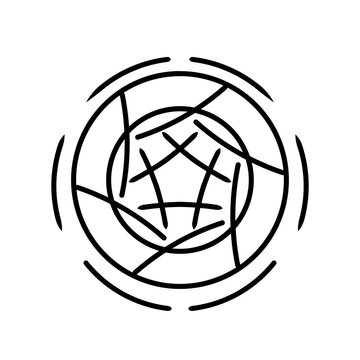 Abstract black and white circular geometric line art illustration with a pentagram shape in the center and curved framing lines, perfect for minimalist modern logo, emblem, or talisman design.