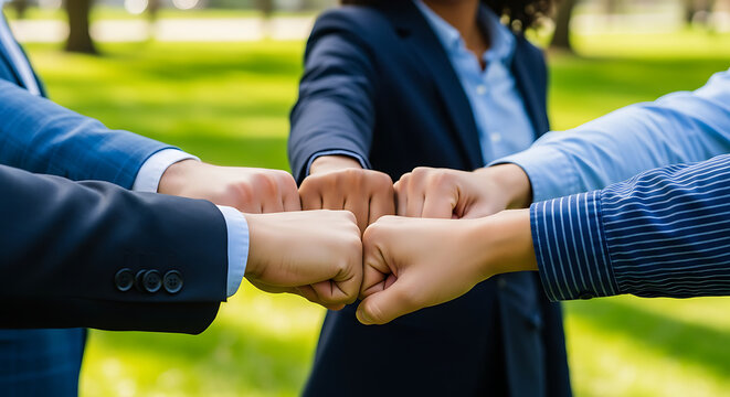 A group of diverse business professionals huddle their fists together outdoors, symbolizing teamwork and unity in a collaborative effort.