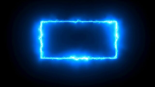 Blue electric rectangular frame pulses with glowing edges and flickering sparks on a dark background. Layered composition brings together rectangular frame and pulsing motion.