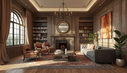Obraz premium Luxury classic living room interior with fireplace, bookshelves and elegant furniture