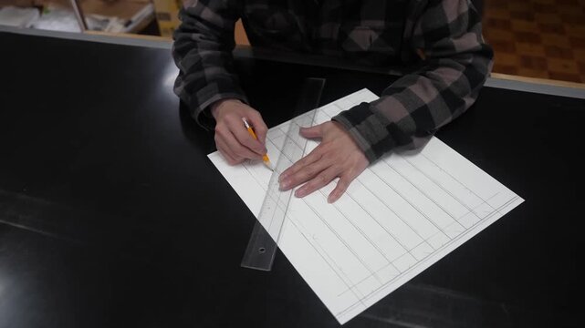 Craftsman drafting evenly spaced guide lines on white paper with a steel ruler and pencil to lay out a dyeing stencil
