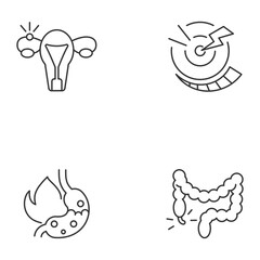 Fototapeta premium Abdominal inflammation linear icons set. Ectopic pregnancy. Acute pain. Heartburn. Constipation. Customizable thin line contour symbols. Isolated vector outline illustrations. Editable stroke