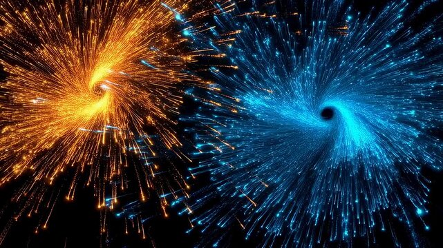 Two swirling particle vortexes in orange and blue rotate and expand against a black background. Layered orange and blue tones enhance movement and depth.