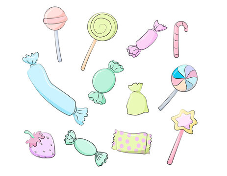 Hand drawn sweet candies elements set in soft pastel colors for kids design and stickers.