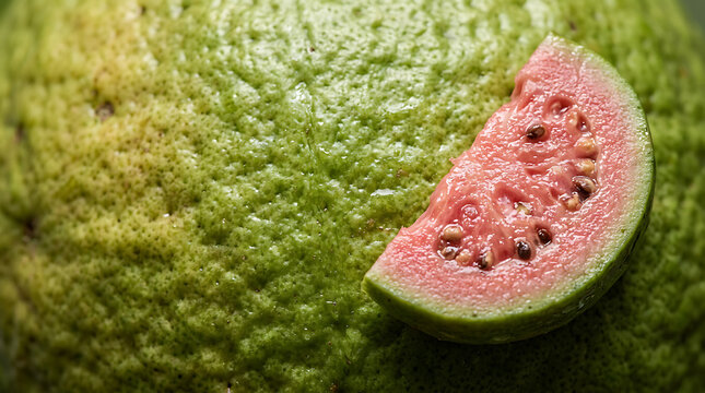 Close up view of fresh green guava with pink interior slice tropical close-up nutrition agriculture delicious refreshing culinary