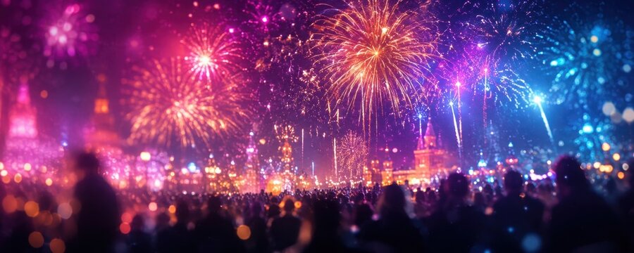 colorful pink orange and blue fireworks exploding above a crowded city square at night with illuminated historic buildings and people watching the celebration