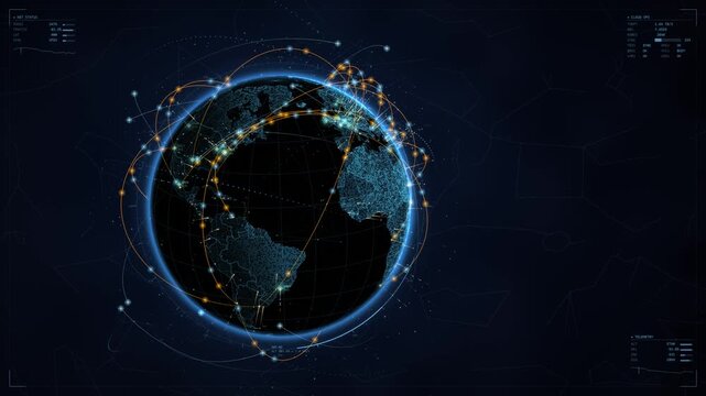 loopable rotating Planet Earth, futuristic digital globe, high-tech communication network with global data lines connecting nodes across space, satellites and data centers