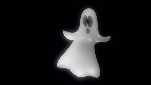Animated white ghost character dancing on black background with glowing ethereal effect. Spooky spirit figure moving rhythmically for Halloween party celebration. Alpha channel.
