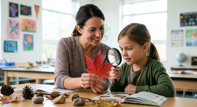 Curious schoolgirl examines a vivid red autumn leaf through a magnifying glass while her teacher supports a hands-on nature science lesson.