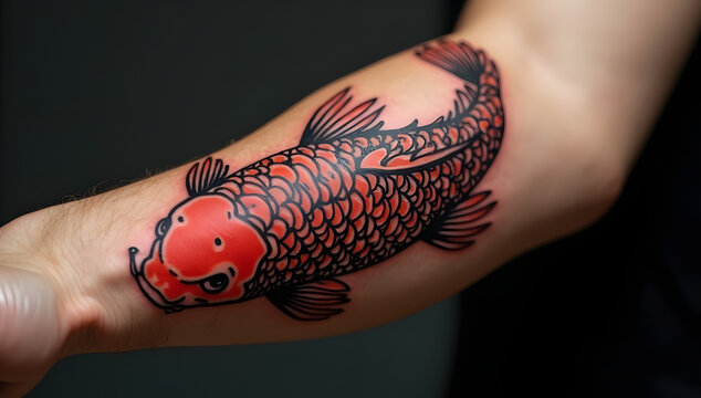 Japanese Style Red Koi Fish Tattoo Mockup Inked on Arm Forearm