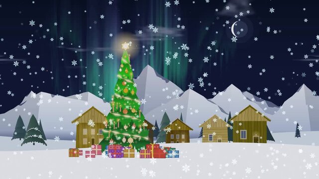 festive Christmas tree with a snow-covered village, day to night tima lapse animation with northern lights, creating a magical winter holiday scene