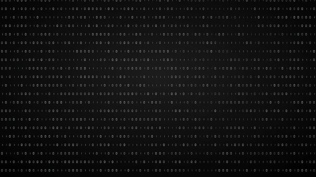 Scrolling binary code digital wallpaper, rows of white 0 and 1 characters over a dark background for technical designs, loopable animation