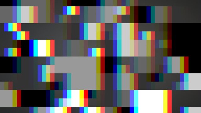 vibrant abstract glitch background animation, geometric digital colorful pixelated patterns and distorted signal effects