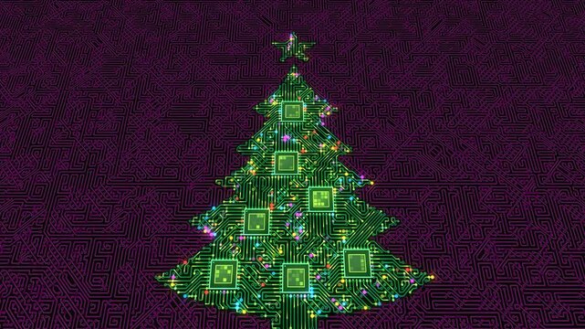 Loopable animation of festive Christmas tree composed of glowing green circuits and microchips celebrates technology during the winter holidays