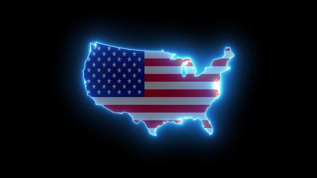 USA map outline blue neon glow with national flag texter on black background alpha channel.  