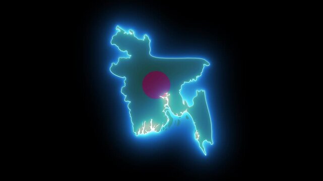 Bangladesh map outline blue neon glow with national flag texter on black background alpha channel.  